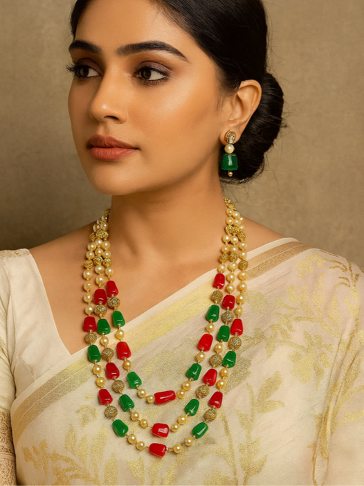 [DSNS4 RED GREEN] Posh Beauty Antique Pearl Necklace Set