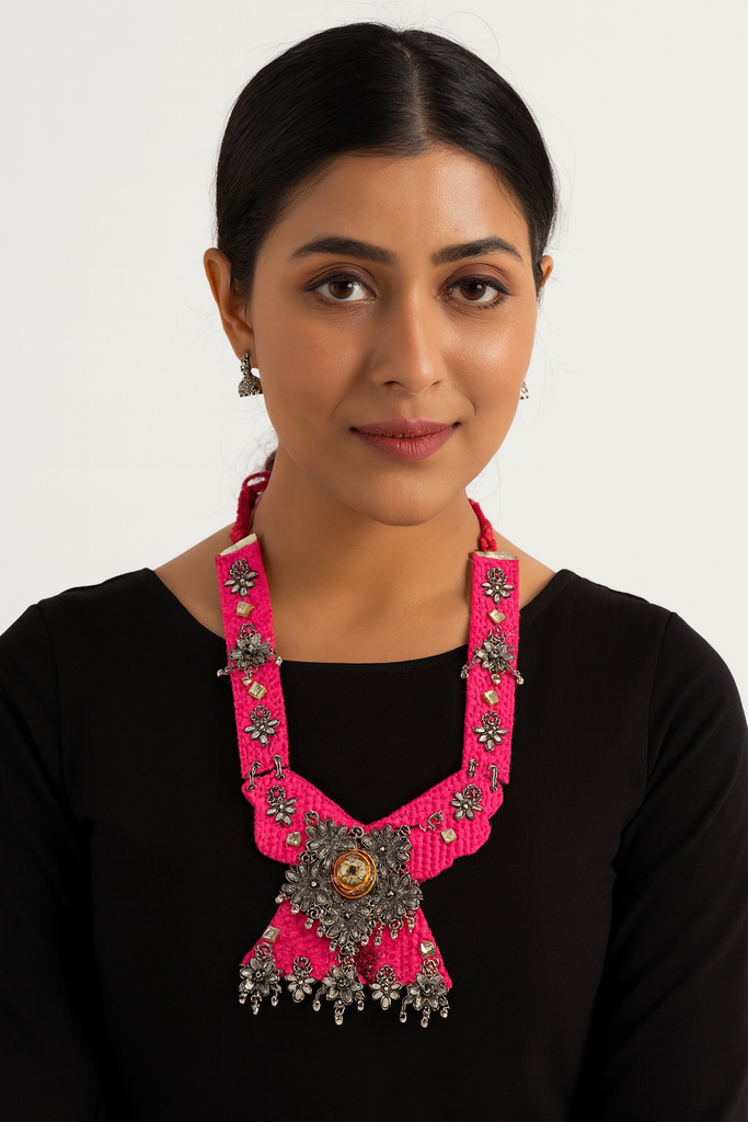 [Fabric Jewellery 21] Stylish pink Handmade Navratri oxidised fabric fusion jewellery