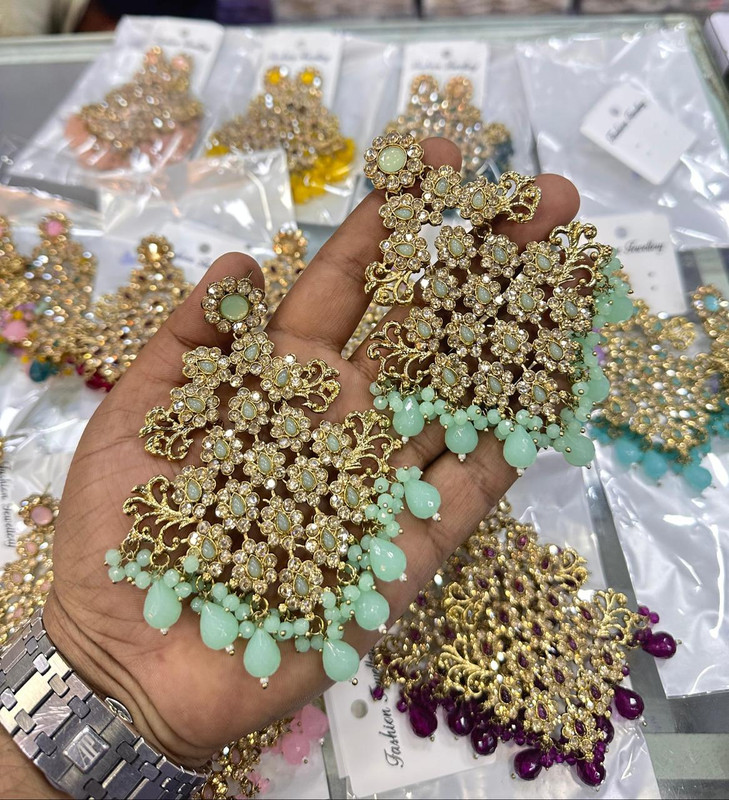 Glamorous Haldi Mint Green Earrings Set