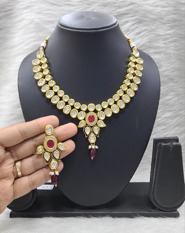 Ethereal Stylish K30 Maroon Dabbi Kundan With Back Meena Necklace Earring Jewellery Set