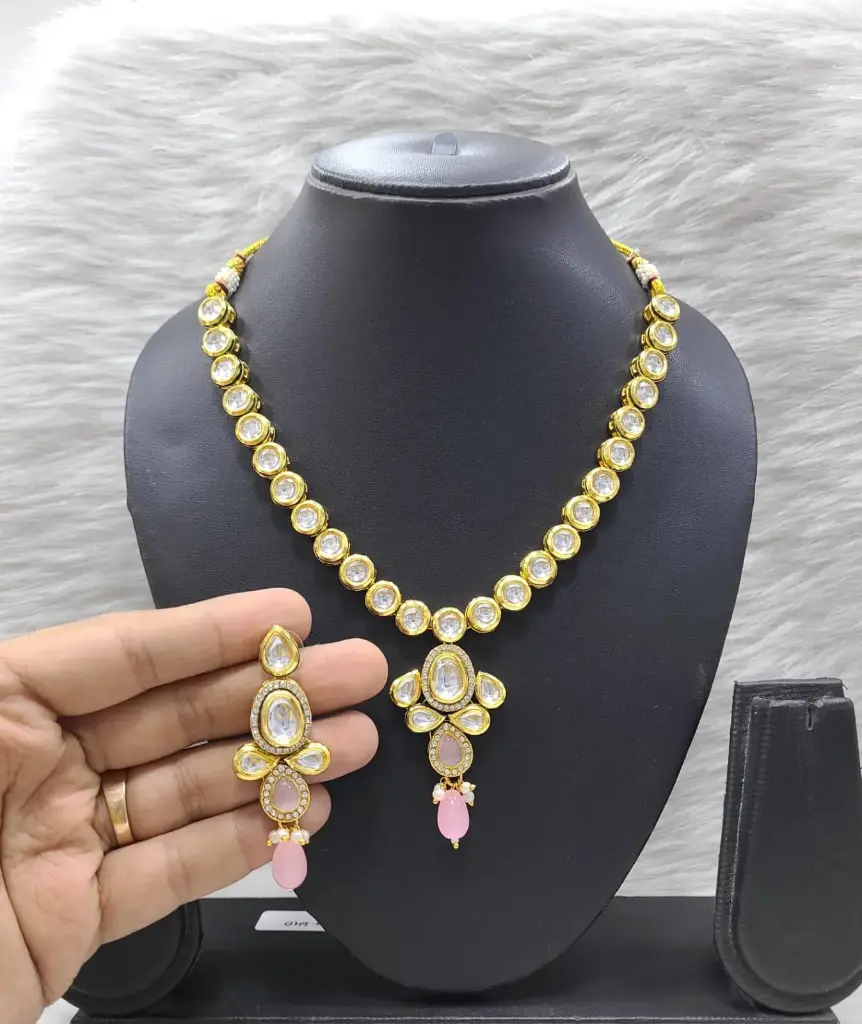 [K31 BABY PINK] K31 BABY PINK Dabbi Kundan With Back Meena Necklace Earring Jewellery set
