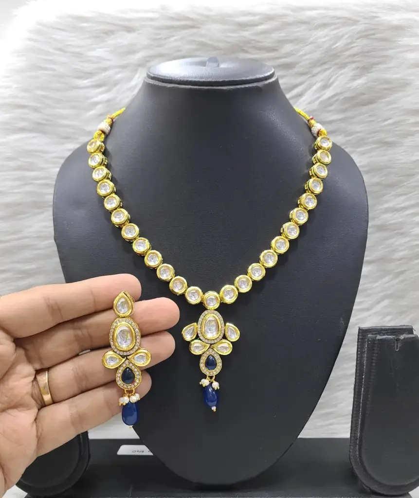 Ornate Stylish K31 Blue Dabbi Kundan With Back Meena Necklace Earring Jewellery Set
