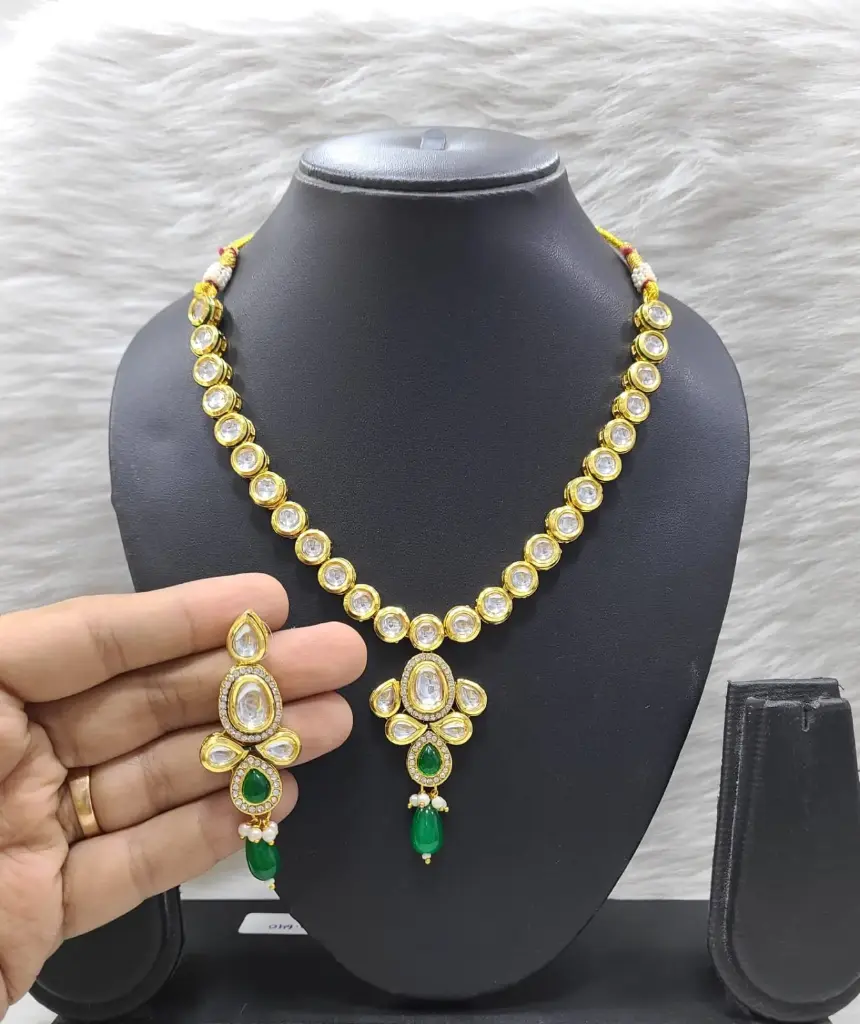 Resplendent Stylish K31 Green Dabbi Kundan With Back Meena Necklace Earring Jewellery Set