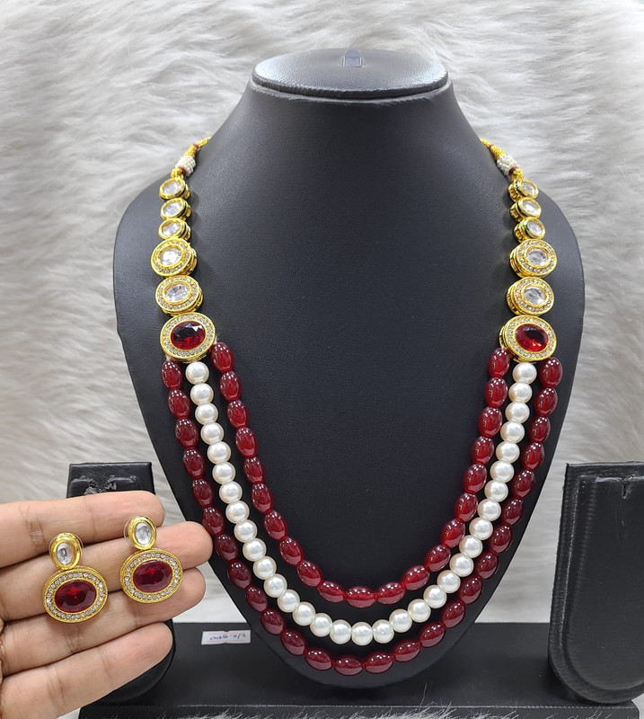 Chic Bespoke K32 Maroon Dabbi Kundan With Back Meena Necklace Earring Jewellery Set