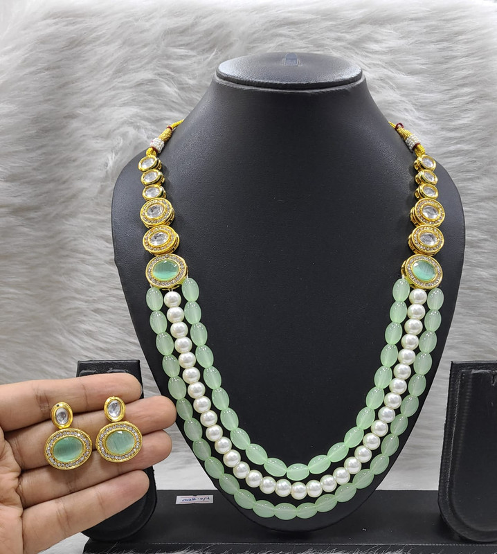 Magnifique Bespoke K32 Mint Green Dabbi Kundan With Back Meena Necklace Earring Jewellery Set