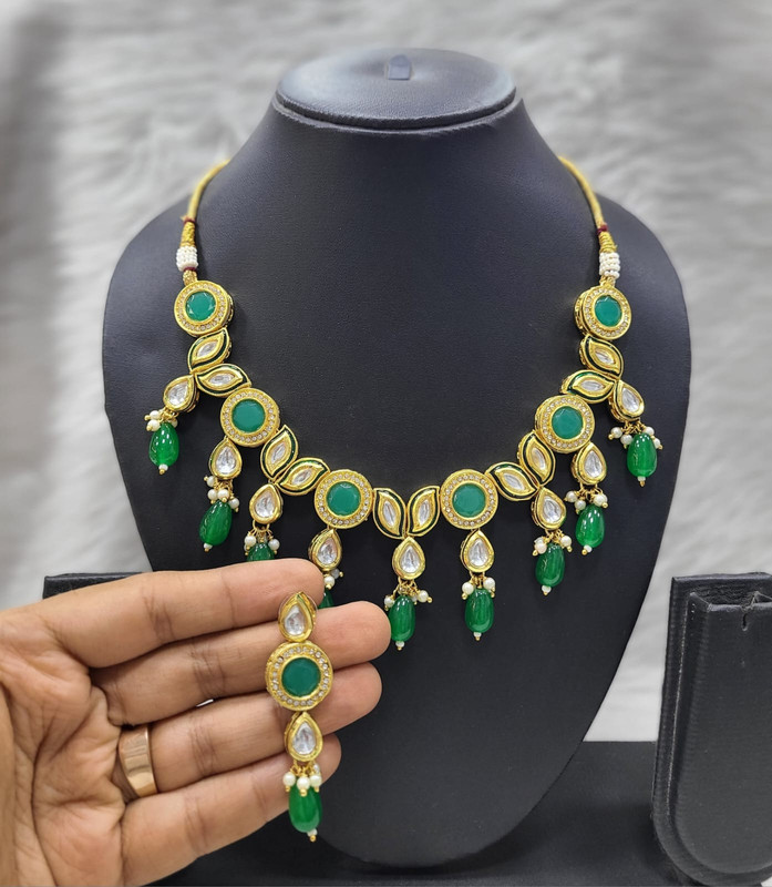 Desi Bespoke K33 Green Dabbi Kundan With Back Meena Necklace Earring Jewellery Set