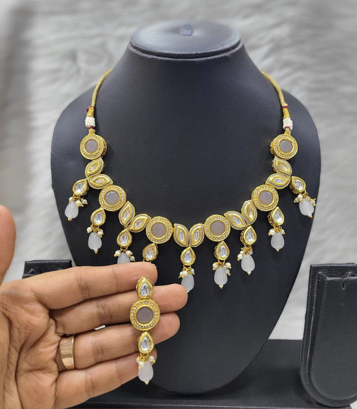 Royal Bespoke K33 Grey Dabbi Kundan With Back Meena Necklace Earring Jewellery Set
