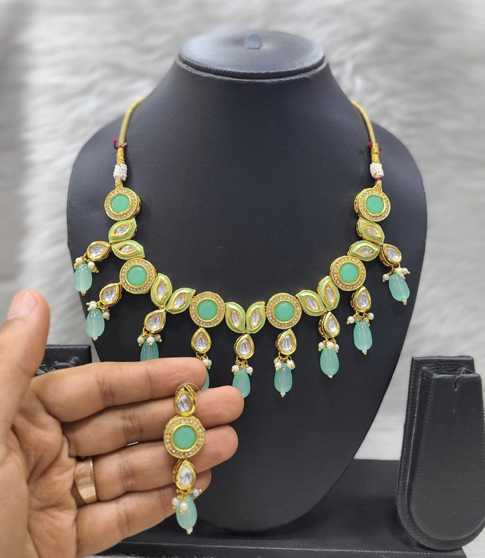 Glamorous Bespoke K33 Mint Green Dabbi Kundan With Back Meena Necklace Earring Jewellery Set