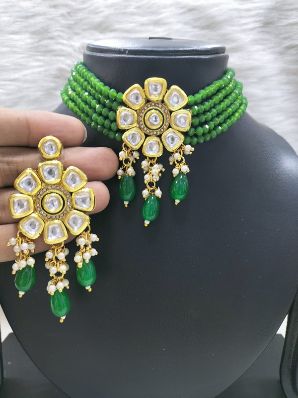 Vintage Bespoke K34 Green Dabbi Kundan With Back Meena Necklace Earring Jewellery Set