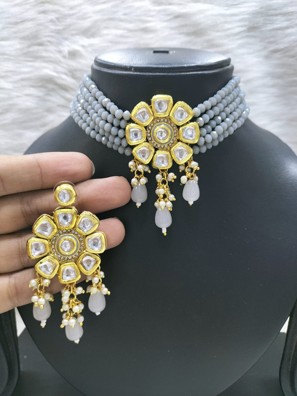 Trendy Bespoke K34 Grey Dabbi Kundan With Back Meena Necklace Earring Jewellery Set