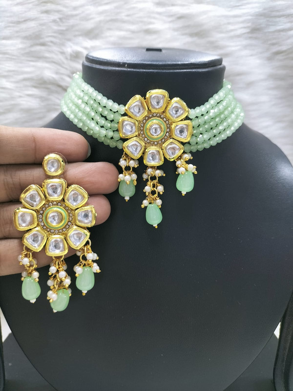 Shandaar Bespoke K34 Mint Green Dabbi Kundan With Back Meena Necklace Earring Jewellery Set
