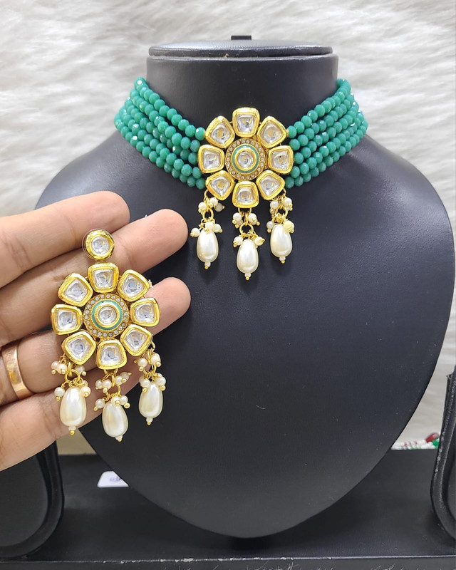 [K34 TEAL] K34 TEAL Dabbi Kundan With Back Meena Necklace Earring Jewellery set