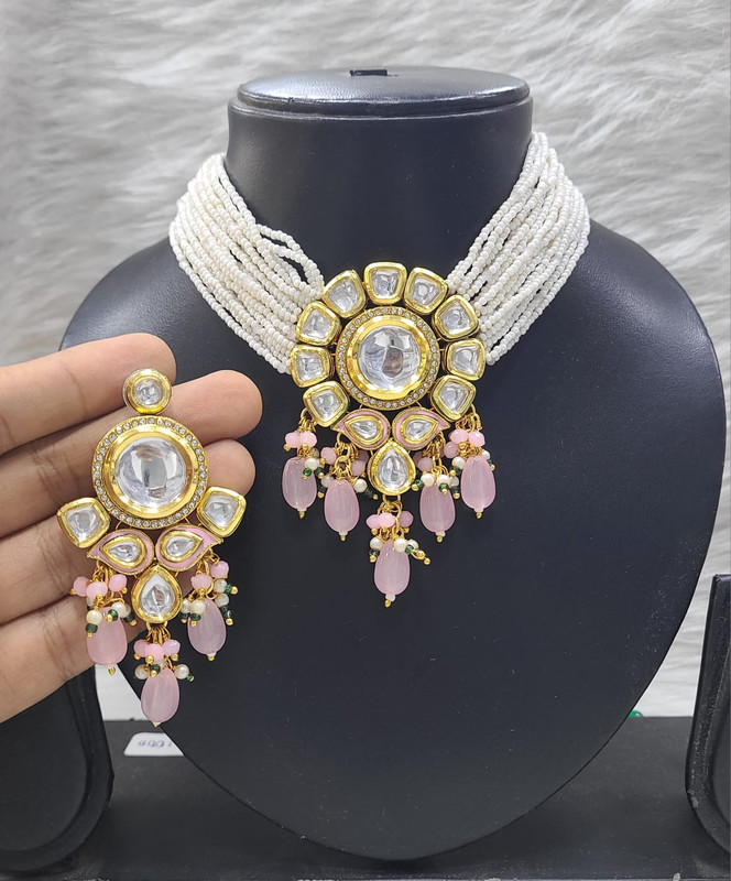 Gorgeous Bespoke K35 Baby Pink Dabbi Kundan With Back Meena Necklace Earring Jewellery Set