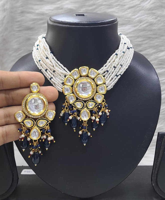 [K35 BLUE] K35 BLUE Dabbi Kundan With Back Meena Necklace Earring Jewellery set