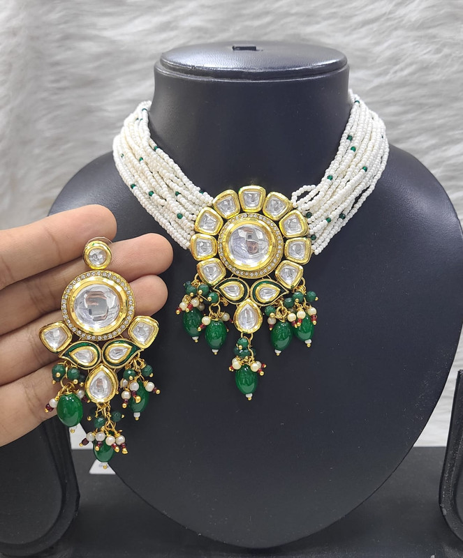 Stunning Bespoke K35 Green Dabbi Kundan With Back Meena Necklace Earring Jewellery Set