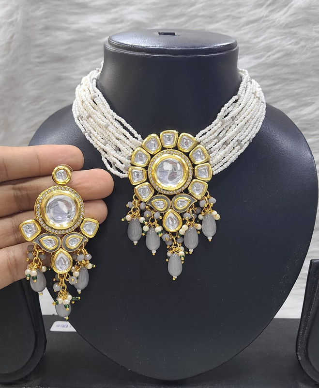 Premium Bespoke K35 Grey Dabbi Kundan With Back Meena Necklace Earring Jewellery Set