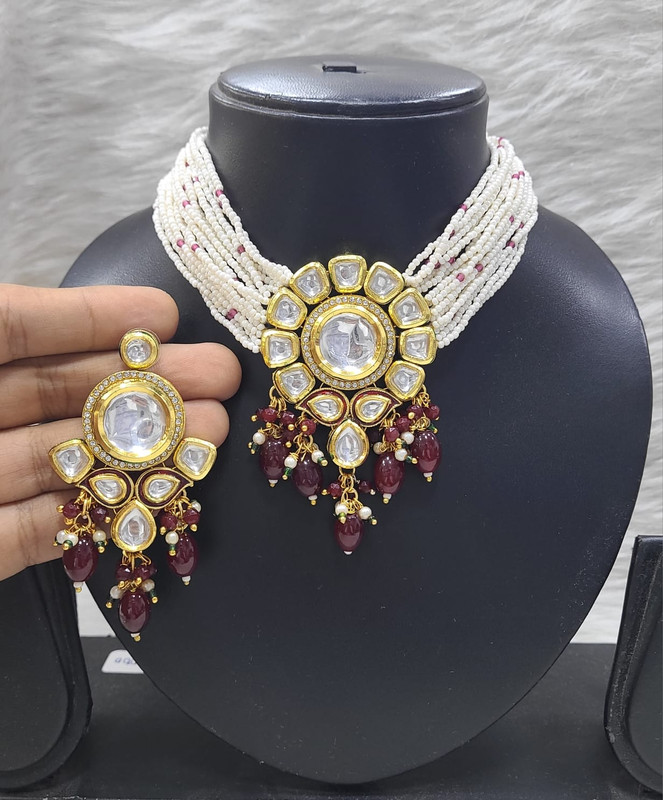 [K35 MAROON] K35 MAROON Dabbi Kundan With Back Meena Necklace Earring Jewellery set