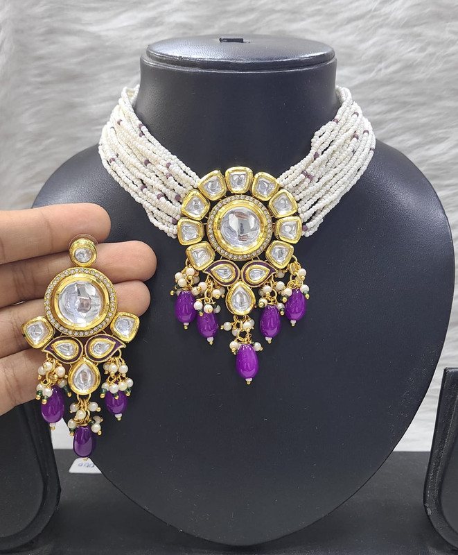 Luxury Bespoke K35 Purple Dabbi Kundan With Back Meena Necklace Earring Jewellery Set