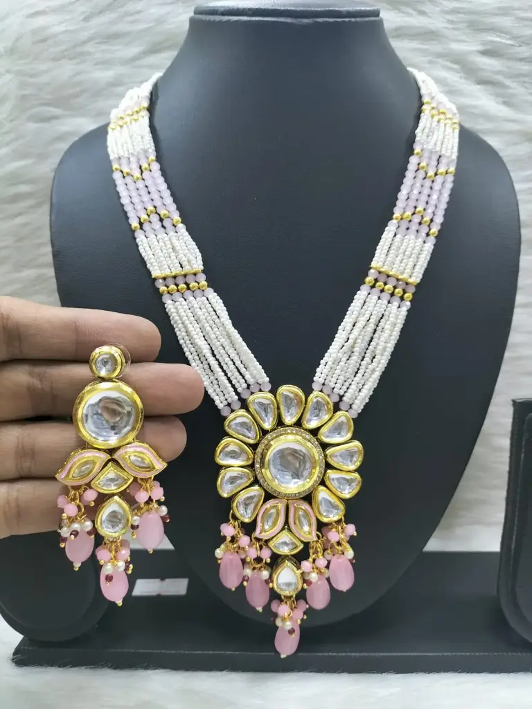 Authentic Bespoke K37 Baby Pink Dabbi Kundan With Back Meena Necklace Earring Jewellery Set