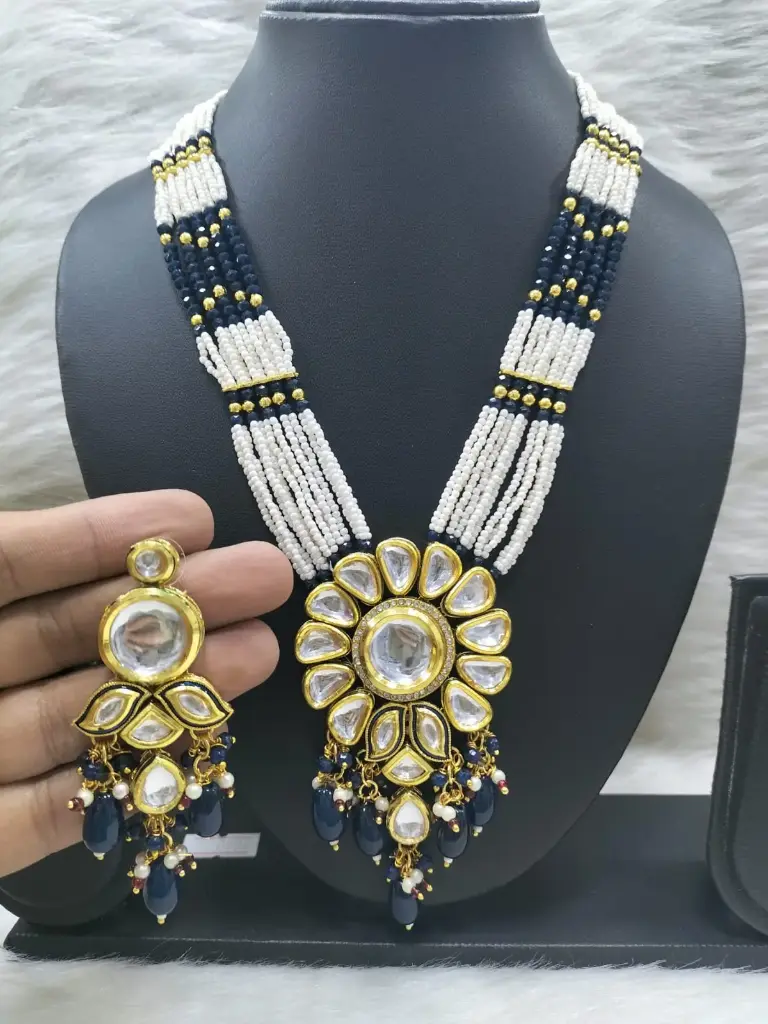 Artisan Bespoke K37 Blue Dabbi Kundan With Back Meena Necklace Earring Jewellery Set