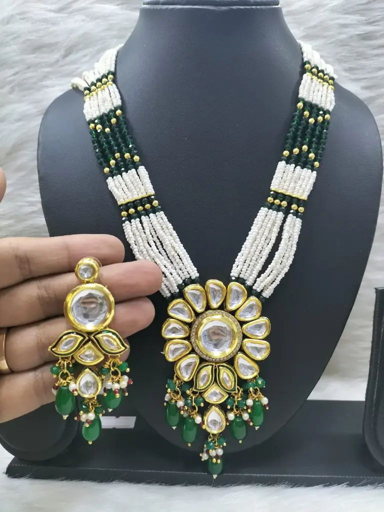 Divine Bespoke K37 Green Dabbi Kundan With Back Meena Necklace Earring Jewellery Set