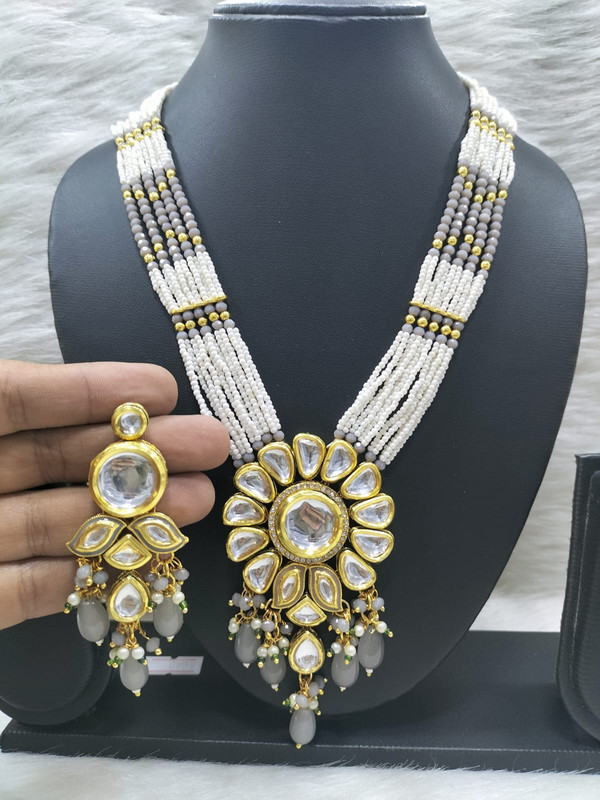 Regal Bespoke K37 Grey Dabbi Kundan With Back Meena Necklace Earring Jewellery Set