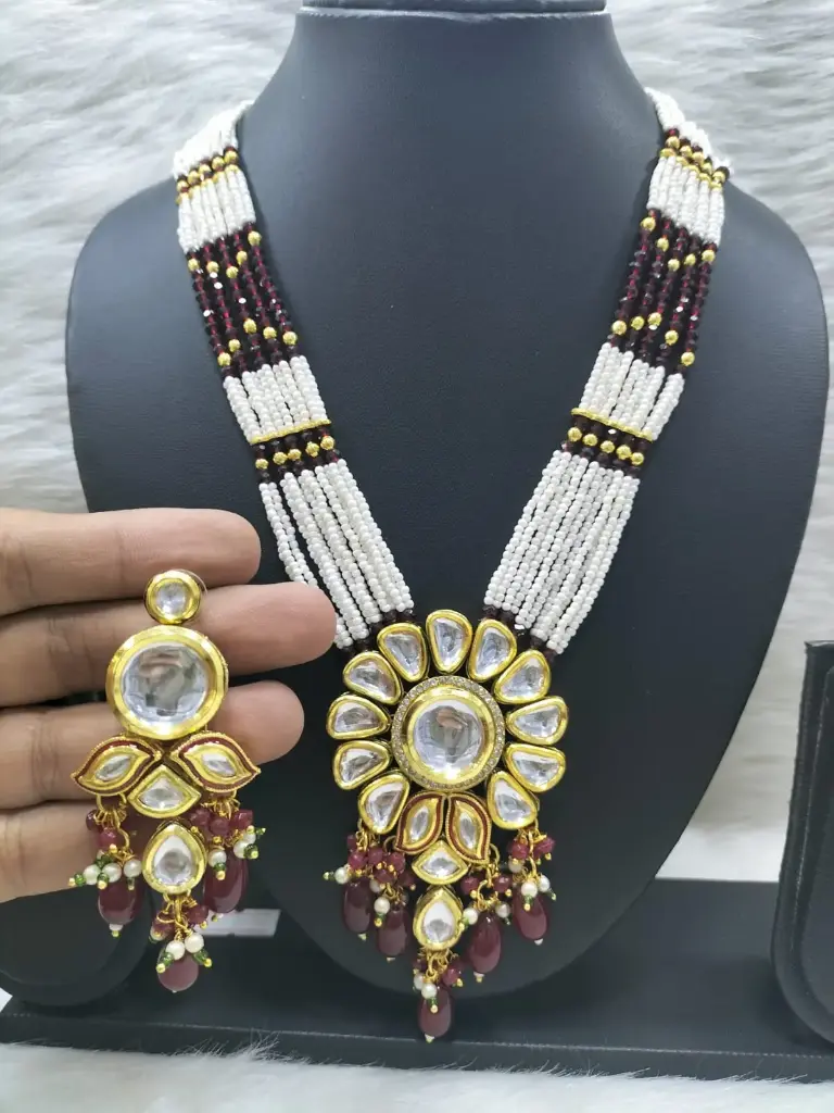 Majestic Bespoke K37 Maroon Dabbi Kundan With Back Meena Necklace Earring Jewellery Set