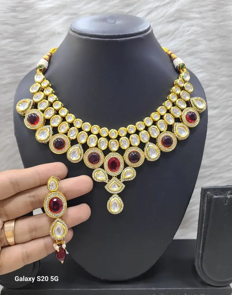 Grand Bespoke K38 Maroon Dabbi Kundan With Back Meena Necklace Earring Jewellery Set