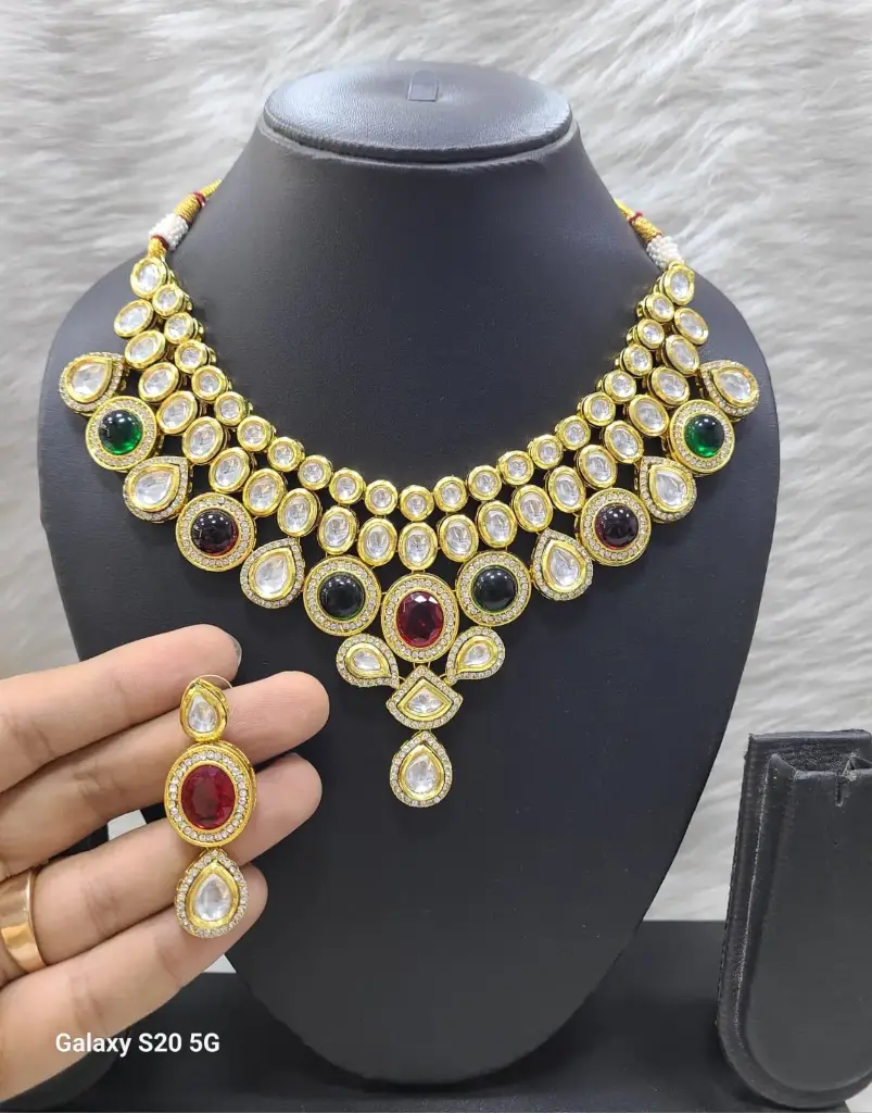 [K38 MAROON GREEN] K38 MAROON GREEN Dabbi Kundan With Back Meena Necklace Earring Jewellery set