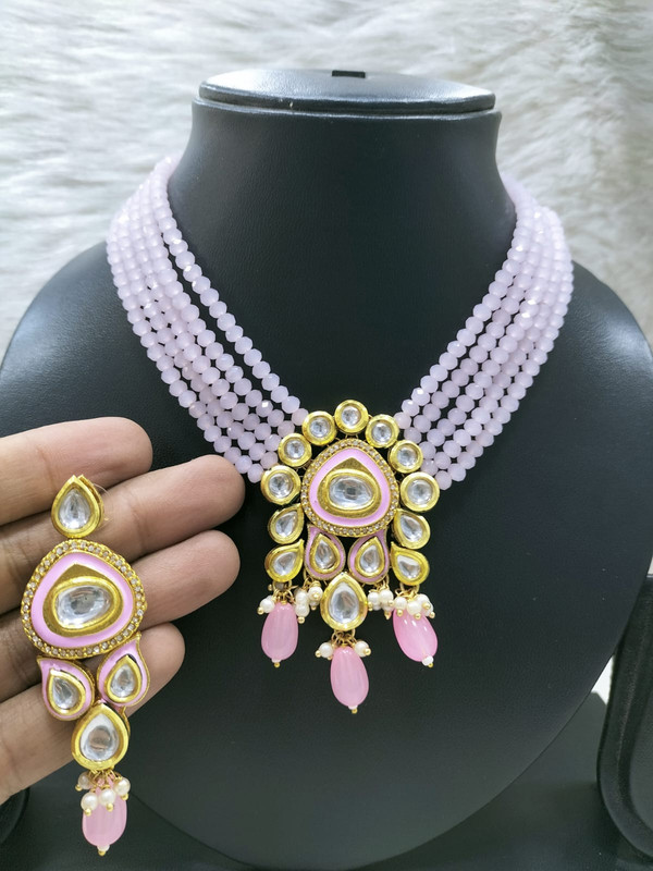 [K40 BABY PINK] K40 BABY PINK Dabbi Kundan With Back Meena Necklace Earring Jewellery set