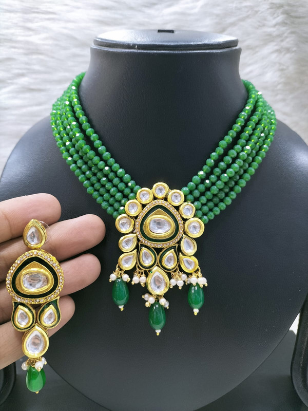 Graceful Bespoke K40 Green Dabbi Kundan With Back Meena Necklace Earring Jewellery Set