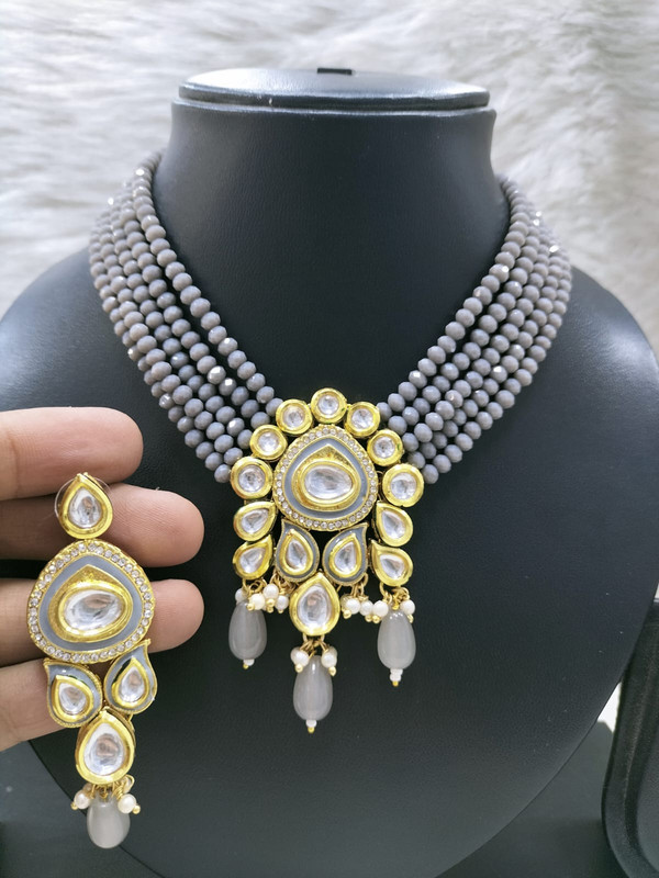 Alluring Bespoke K40 Grey Dabbi Kundan With Back Meena Necklace Earring Jewellery Set
