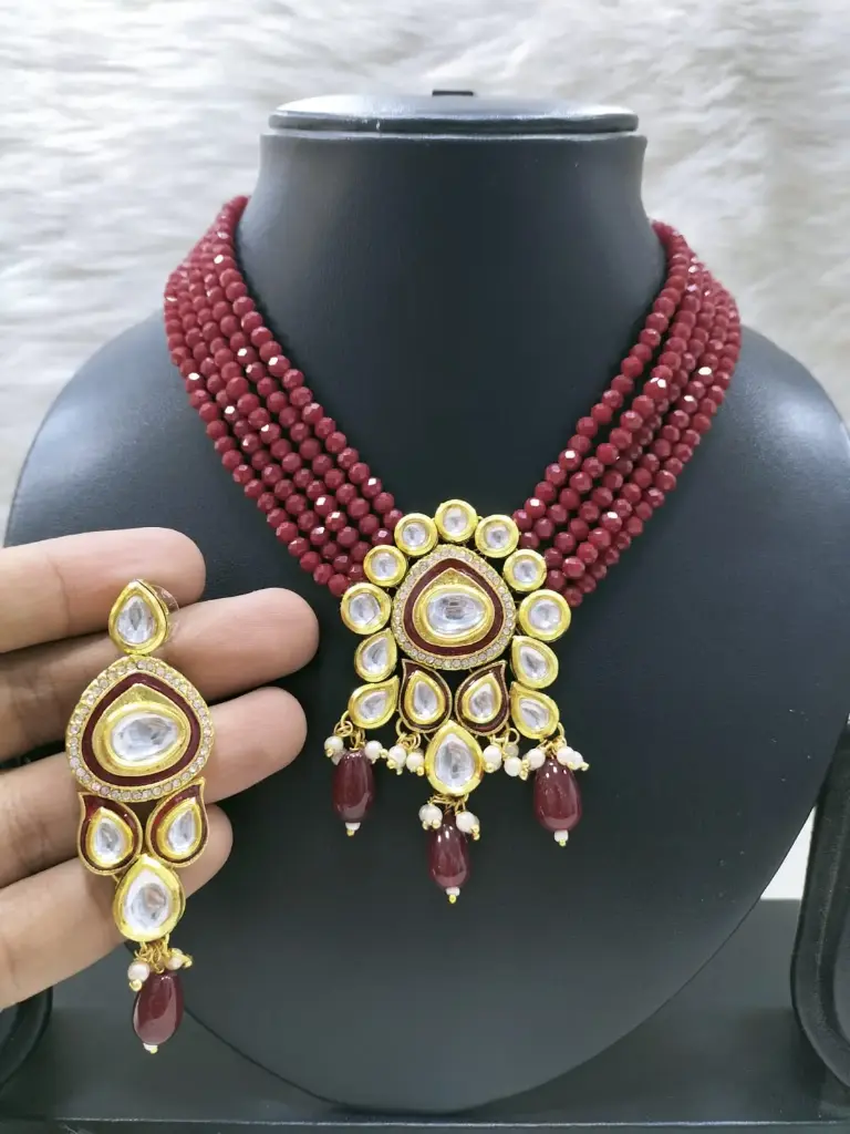 Enchanting Bespoke K40 Maroon Dabbi Kundan With Back Meena Necklace Earring Jewellery Set