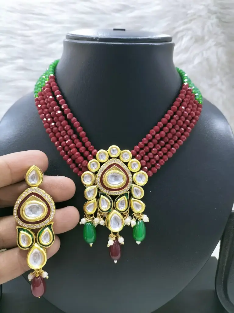 Splendid Bespoke K40 Maroon Green Dabbi Kundan With Back Meena Necklace Earring Jewellery Set