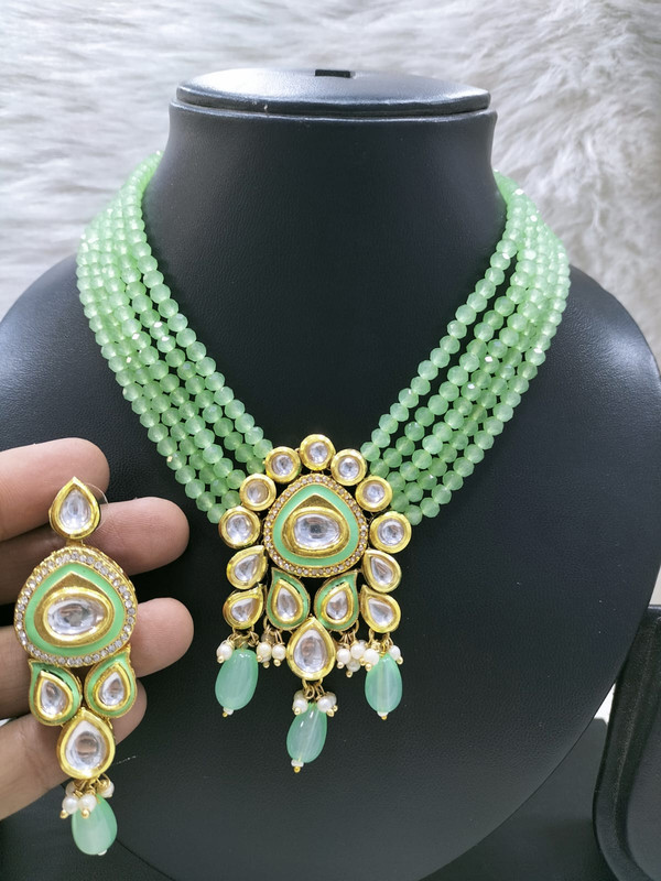 Mesmerizing Bespoke K40 Mint Green Dabbi Kundan With Back Meena Necklace Earring Jewellery Set