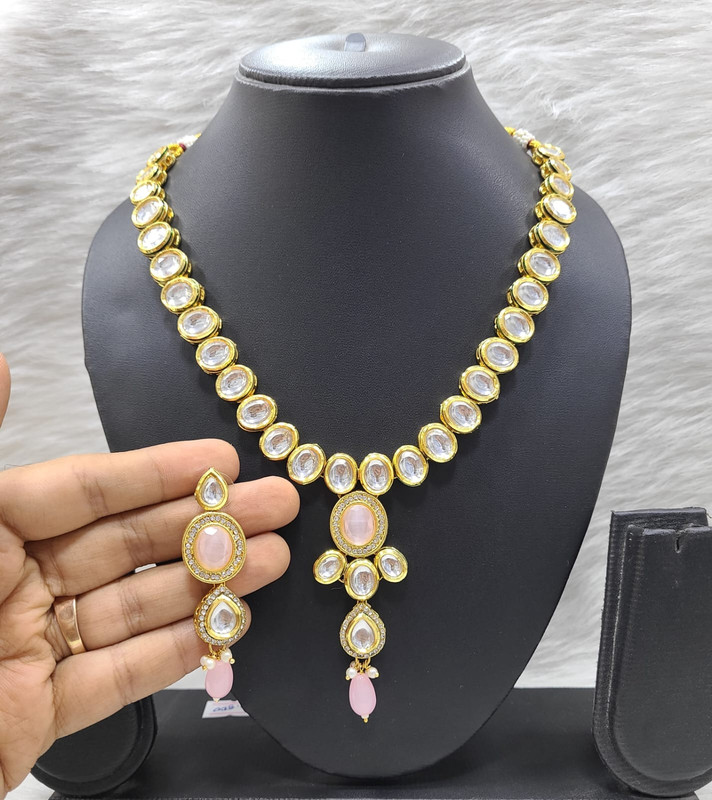 [K41 BABY PINK] K41 BABY PINK Dabbi Kundan With Back Meena Necklace Earring Jewellery set