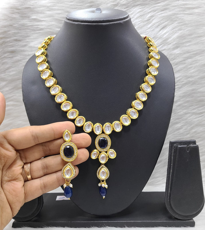 Ethereal Bespoke K41 Blue Dabbi Kundan With Back Meena Necklace Earring Jewellery Set