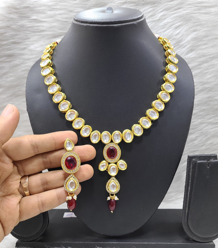 Flawless Bespoke K41 Maroon Dabbi Kundan With Back Meena Necklace Earring Jewellery Set