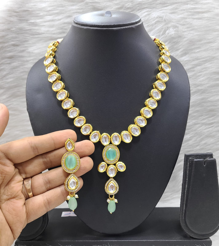 Pristine Bespoke K41 Mint Green Dabbi Kundan With Back Meena Necklace Earring Jewellery Set