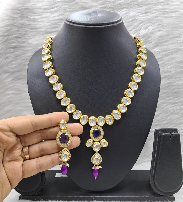 Ornate Bespoke K41 Purple Dabbi Kundan With Back Meena Necklace Earring Jewellery Set