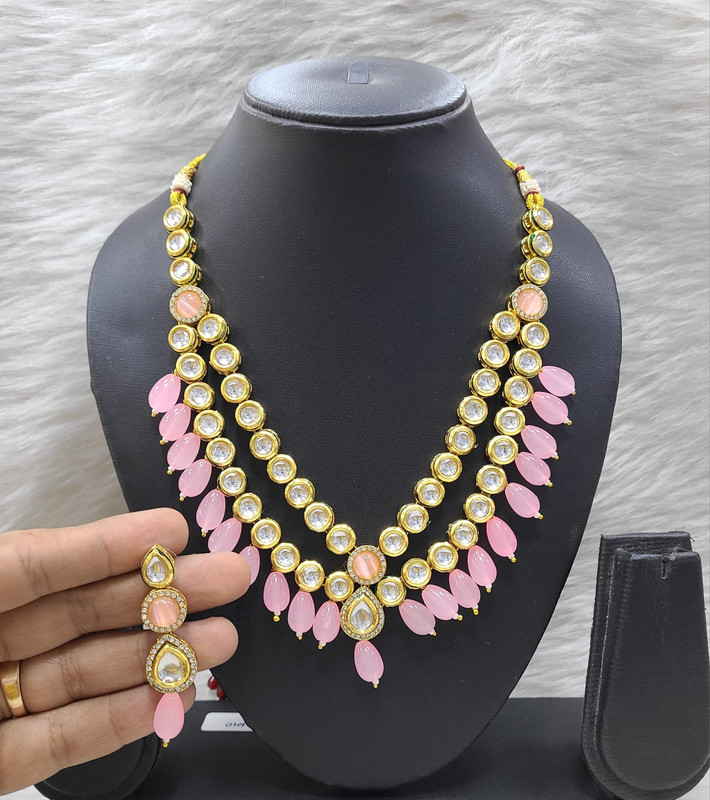 Resplendent Bespoke K42 Baby Pink Dabbi Kundan With Back Meena Necklace Earring Jewellery Set