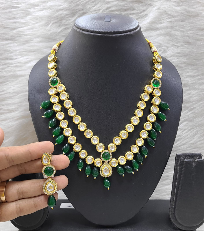 Lustrous Bespoke K42 Green Dabbi Kundan With Back Meena Necklace Earring Jewellery Set