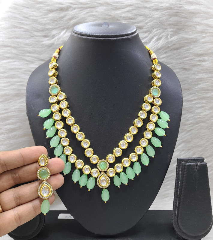 Vibrant Bespoke K42 Mint Green Dabbi Kundan With Back Meena Necklace Earring Jewellery Set