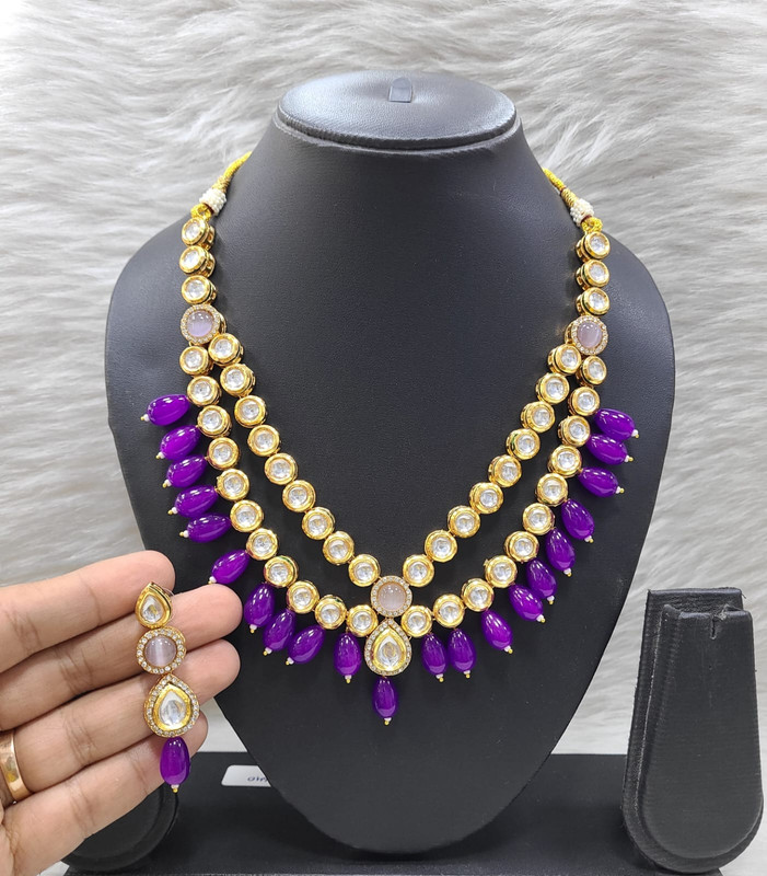 Elegant Couture K42 Purple Dabbi Kundan With Back Meena Necklace Earring Jewellery Set