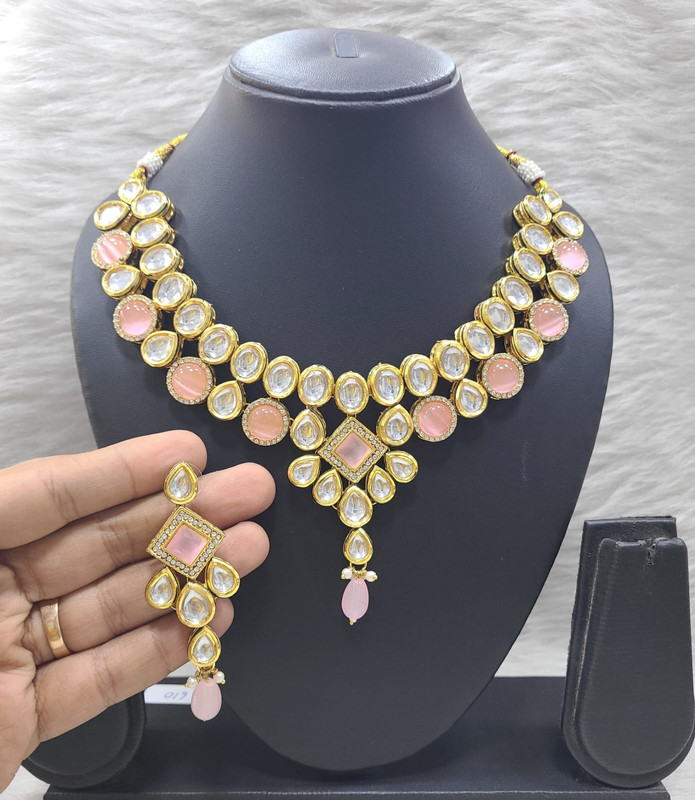 Classic Couture K48 Baby Pink Dabbi Kundan With Back Meena Necklace Earring Jewellery Set