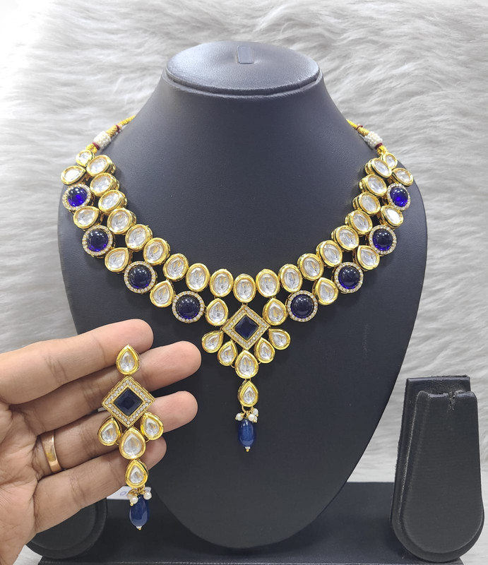 Glamorous Couture K48 Blue Dabbi Kundan With Back Meena Necklace Earring Jewellery Set