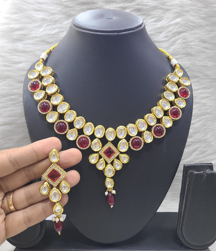 Vintage Couture K48 Maroon Dabbi Kundan With Back Meena Necklace Earring Jewellery Set