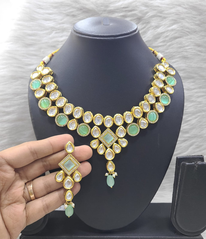 Trendy Couture K48 Mint Green Dabbi Kundan With Back Meena Necklace Earring Jewellery Set