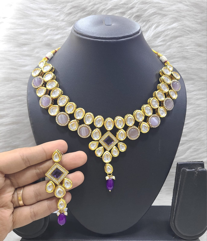 K48 PURPLE Dabbi Kundan With Back Meena Necklace Earring Jewellery set