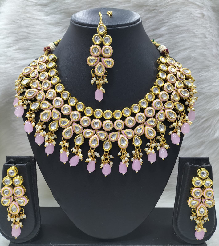 Exquisite Couture K51 Baby Pink Dabbi Kundan With Back Meena Necklace Earring Jewellery Set